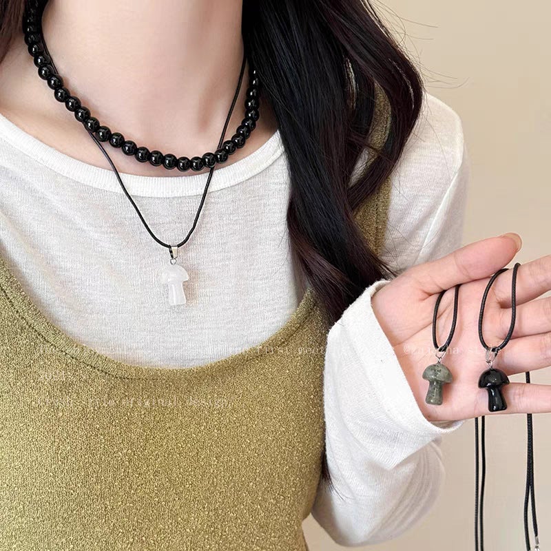 South Korea Niche Ins Style Cute Mushroom Pendant Black Rope Necklace Women'S Simple Elegant All-Match High-End Sense Woolen Chain - Image 2